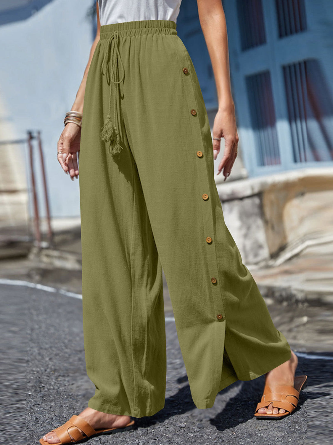 Boho Chic  Plus Size Tassel Wide Leg Pants [Spirit and Rebel] Chartreuse S 