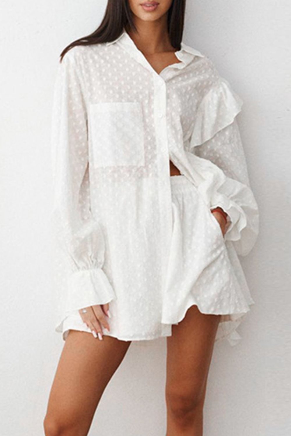 Ruffled Dot Applique Collared Neck Top and Shorts Set [Spirit and Rebel]