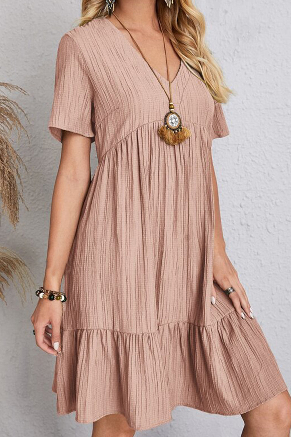 Boho Chic  Plus Size Ruched V-Neck Short Sleeve Dress [Spirit and Rebel] Light Mauve S 