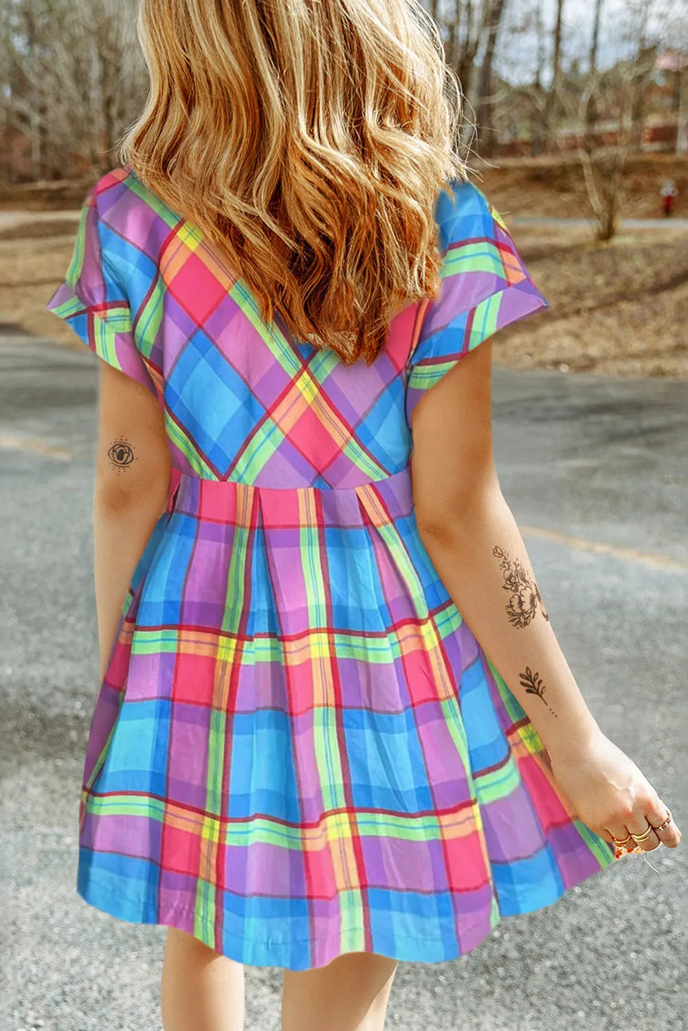 Plaid Notched Short Sleeve Mini Boho Dress - Spirit and Rebel [Spirit and Rebel]   