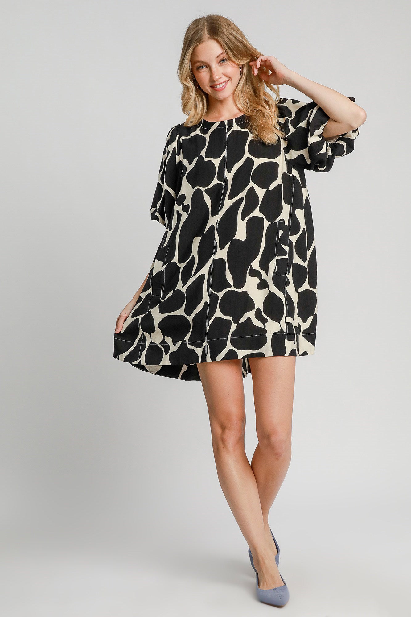 Plus Size Two Tone Abstract Print Puff Sleeve Dress Plus Size [Spirit and Rebel]