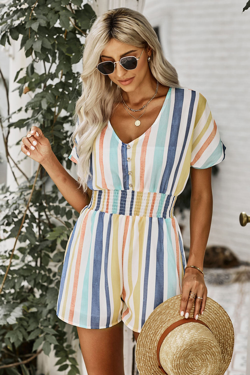 Multicolored Stripe V-Neck Smocked Waist Romper Playsuit [Spirit and Rebel]