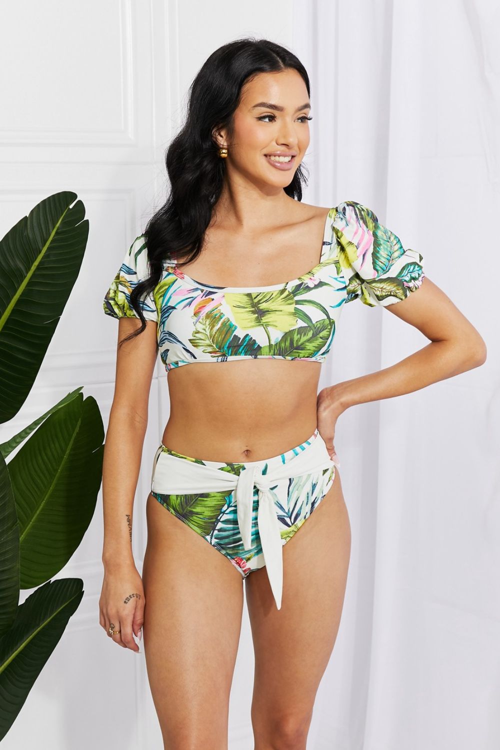 Marina West Swim Vacay Ready Puff Sleeve Bikini in Floral Sunset and Swim