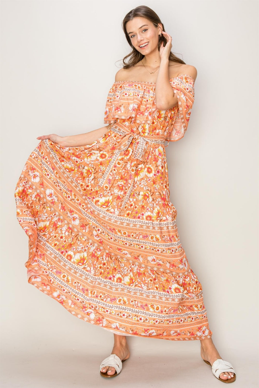 Floral Off-Shoulder Tie Front Maxi Boho Dress - Spirit and Rebel [Spirit and Rebel] Apricot S 