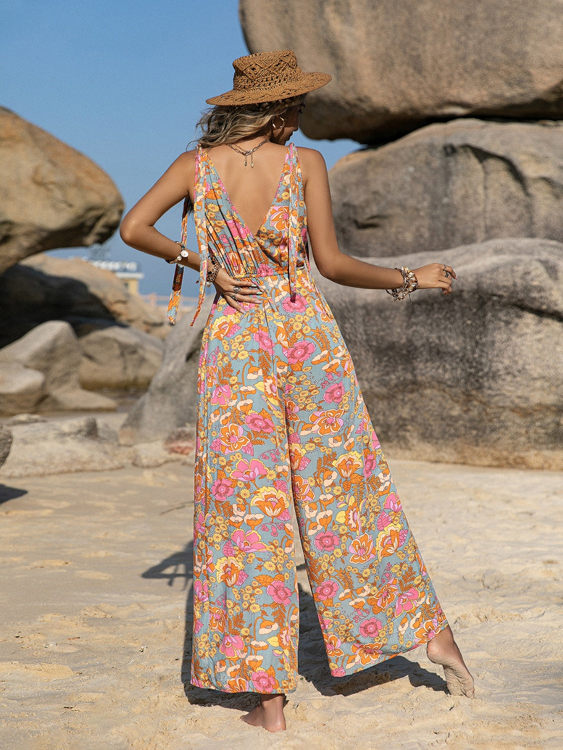 V-Neck Wide Leg Boho Jumpsuit - Spirit and Rebel [Spirit and Rebel]   