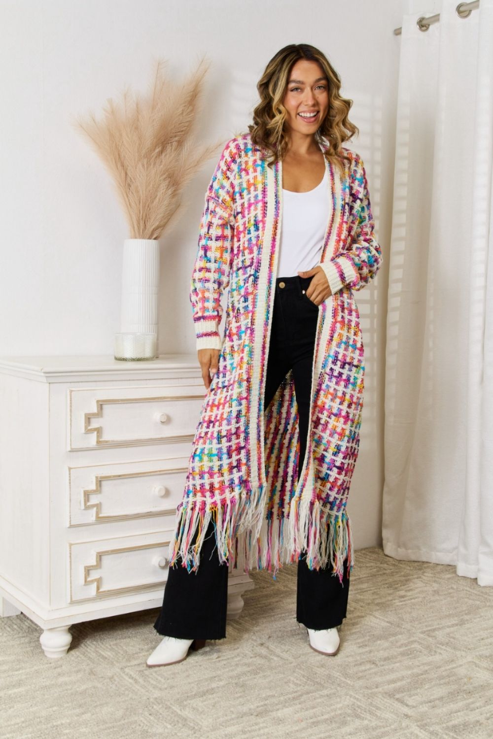 Multicolored Open Front Fringe Hem Boho Cardigan Kimono [Spirit and Rebel] Red/White L 