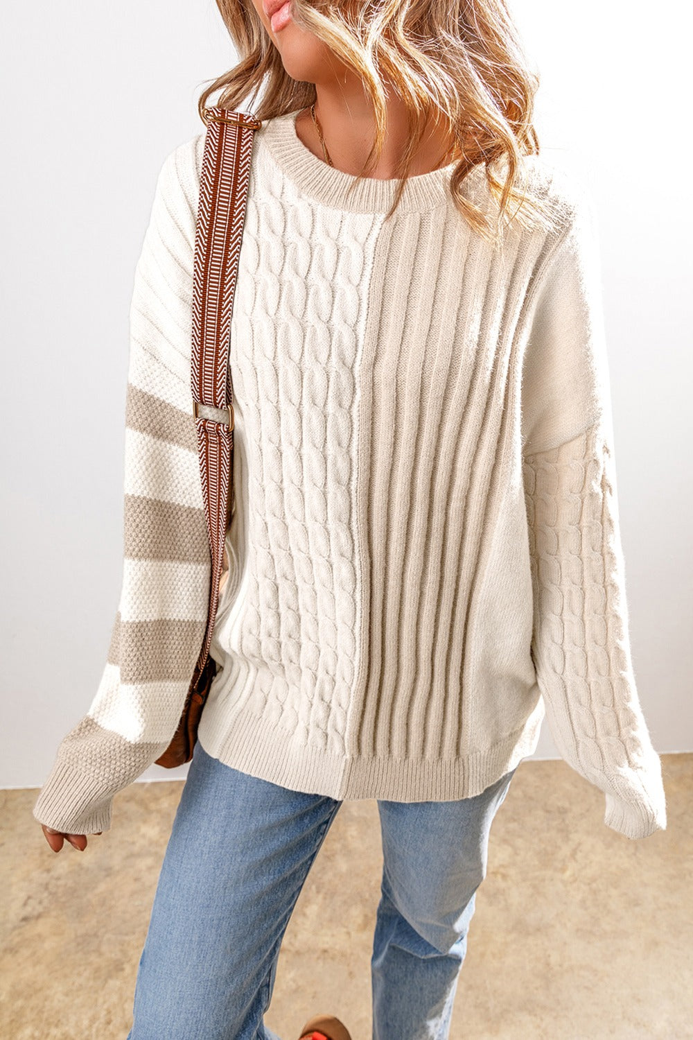 Cable-Knit Color Block Round Neck Boho Sweater - Spirit and Rebel [Spirit and Rebel]   