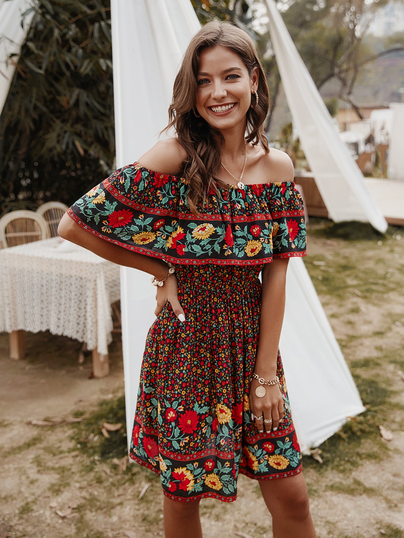 Bohemian Print Off-Shoulder Strapless Knee Length Dress [Spirit and Rebel]   