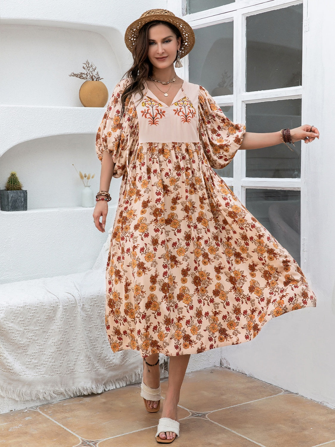 Plus Size Printed Tie Neck Half Sleeve Midi Boho Dress - Spirit and Rebel [Spirit and Rebel]   