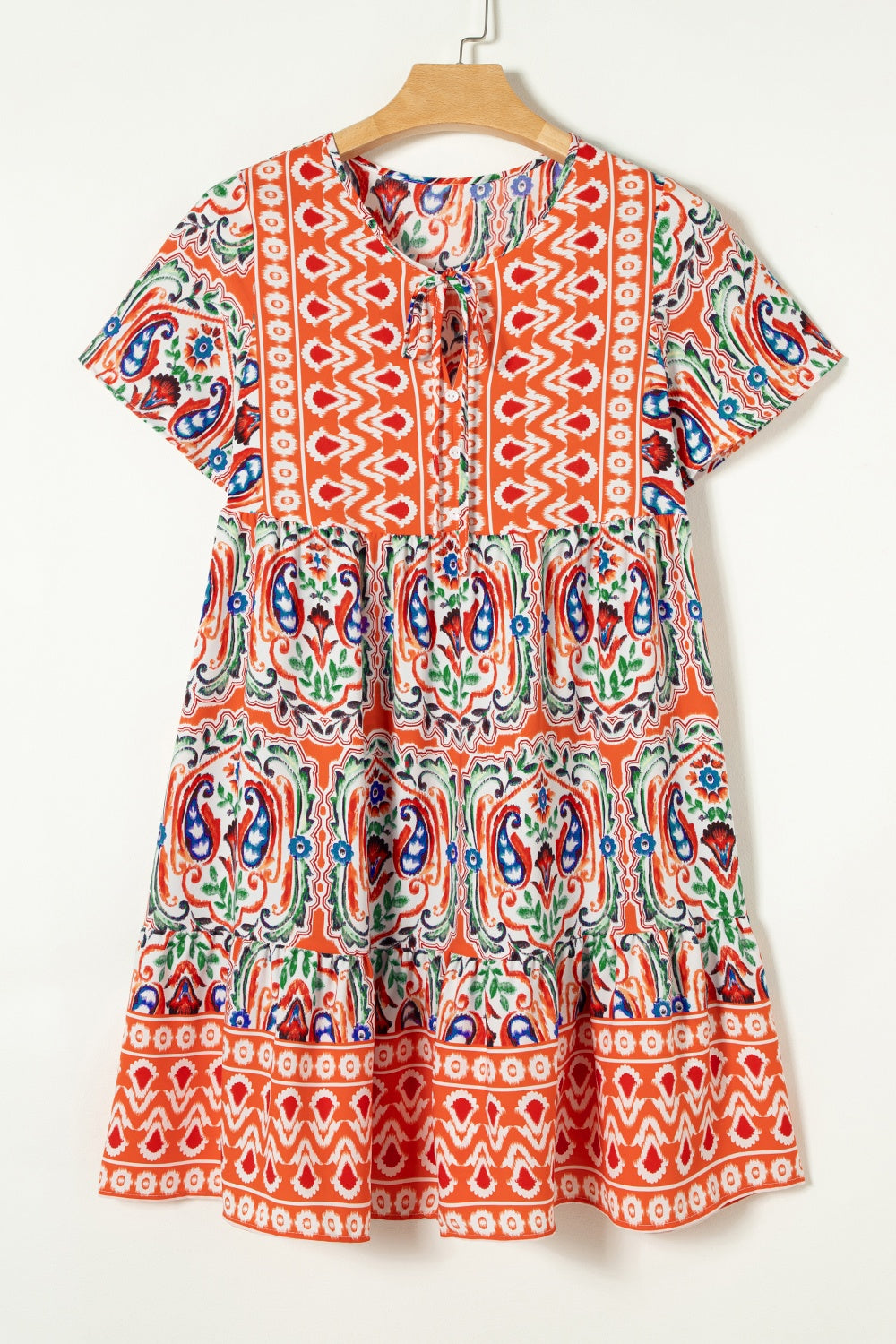 Boho Chic  Printed Tie Neck Short Sleeve Dress [Spirit and Rebel] Pumpkin L 