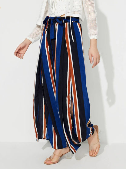 Spirit and Rebel Side Slit Contrast Wide Leg Boho Pants [Spirit and Rebel] Stripe S 