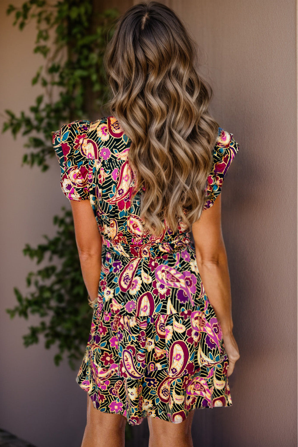 Printed Surplice Puff Sleeve Mini Boho Wedding Guest Dress [Spirit and Rebel]   