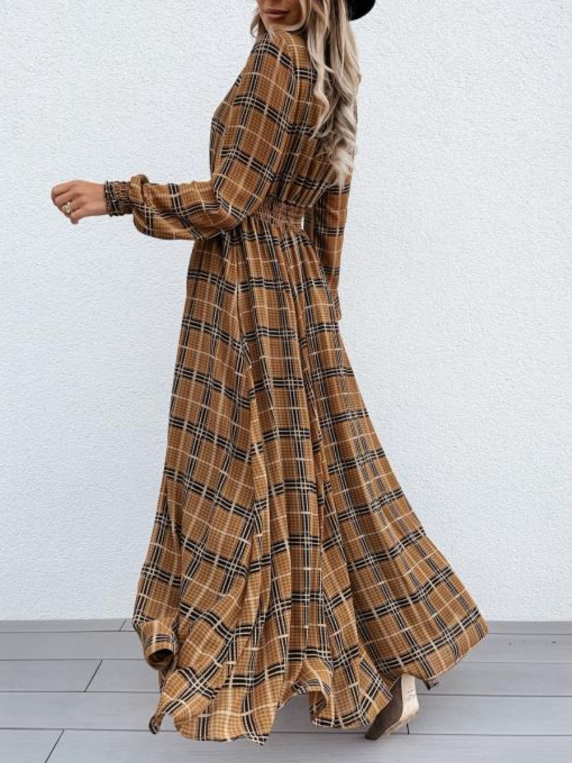 Slit Plaid Tie Neck Long Sleeve Maxi Dress - Spirit and Rebel [Spirit and Rebel]   