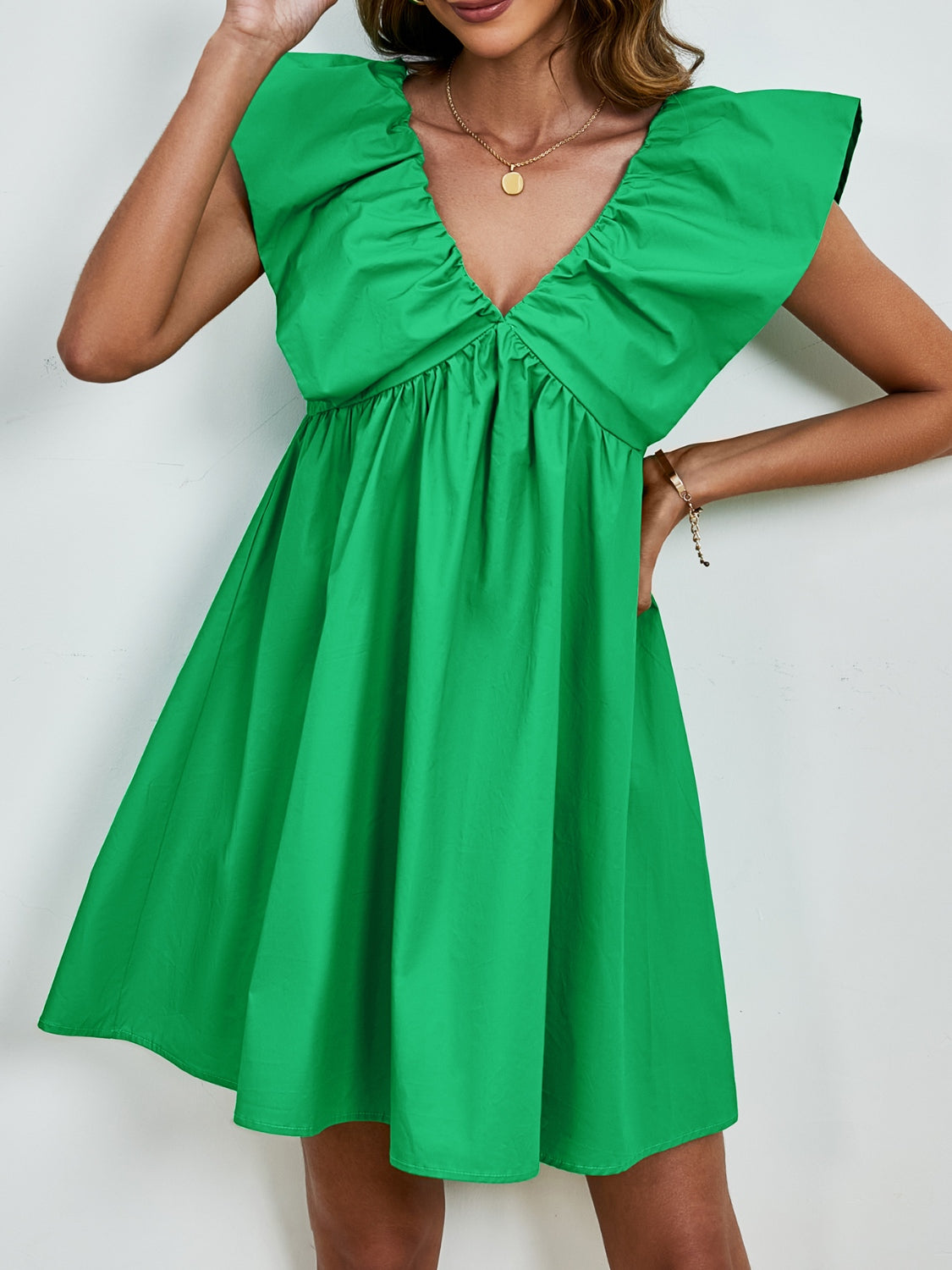 V-Neck Cap Sleeve Mini Boho Dress - Spirit and Rebel [Spirit and Rebel] Green S 