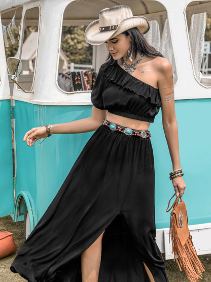 Ruffled Single Shoulder Boho Top and Slit Skirt Set - Spirit and Rebel [Spirit and Rebel]   