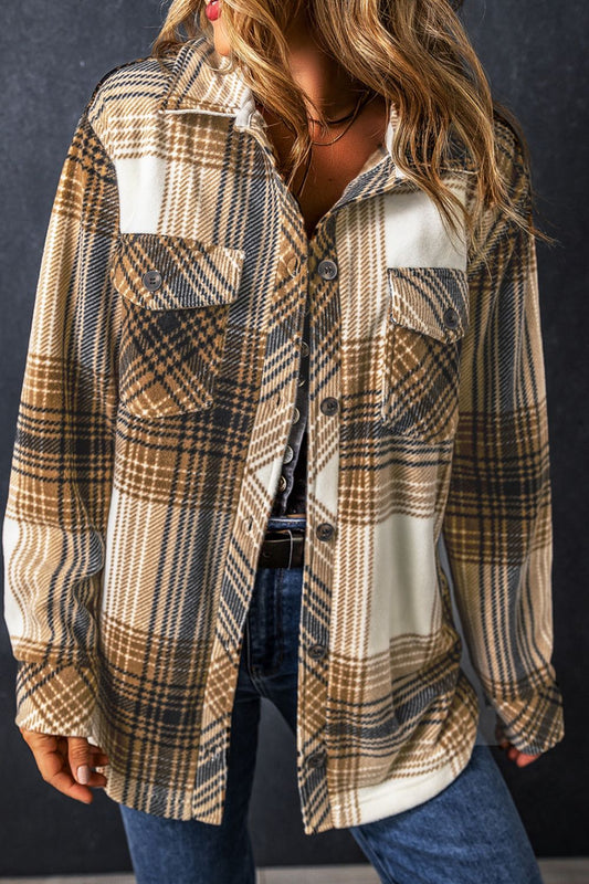 Plaid Button Up Long Sleeve Shacket [Spirit and Rebel] Coffee Brown S