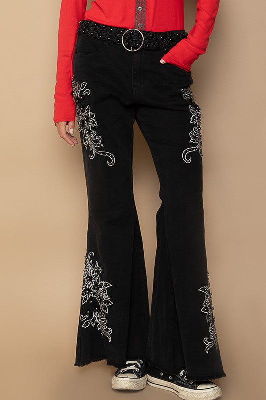 Raw Hem Embroidered Flare Pants [Spirit and Rebel] Black S