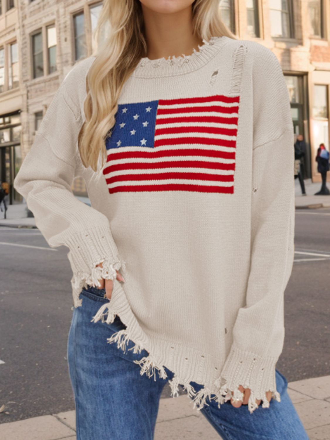 US Flag Distressed Round Neck Long Sleeve Boho Sweater - Spirit and Rebel [Spirit and Rebel] Cream S 