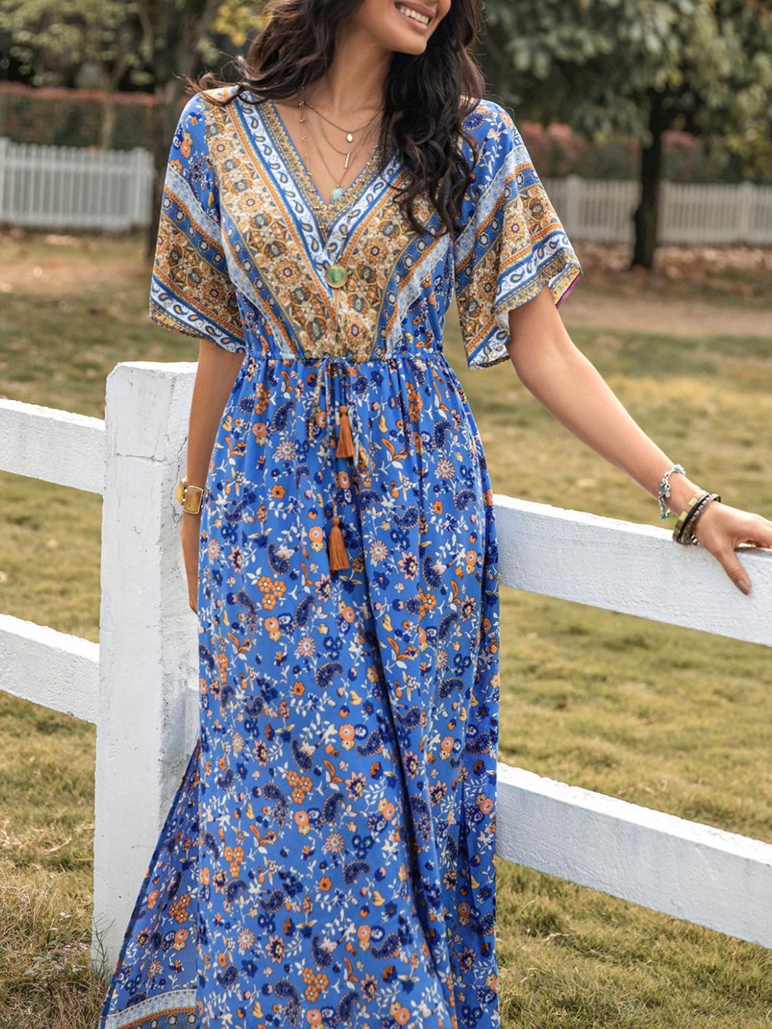 Slit Printed V-Neck Half Sleeve Maxi Boho Dress - Spirit and Rebel [Spirit and Rebel] Blue S 