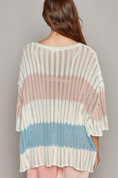 V-Neck Short Sleeve Stripe Weave Boho Sweater - Spirit and Rebel [Spirit and Rebel]   