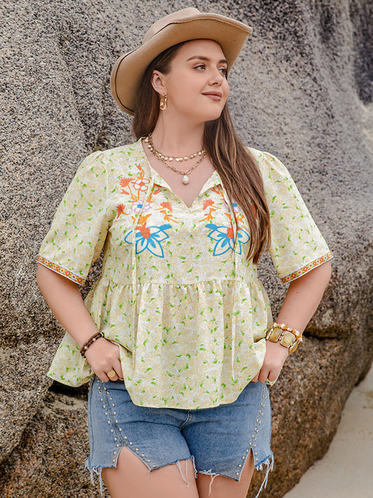 Plus Size Printed Tie Neck Half Sleeve Boho Blouse - Spirit and Rebel [Spirit and Rebel] Yellow Green 0XL 