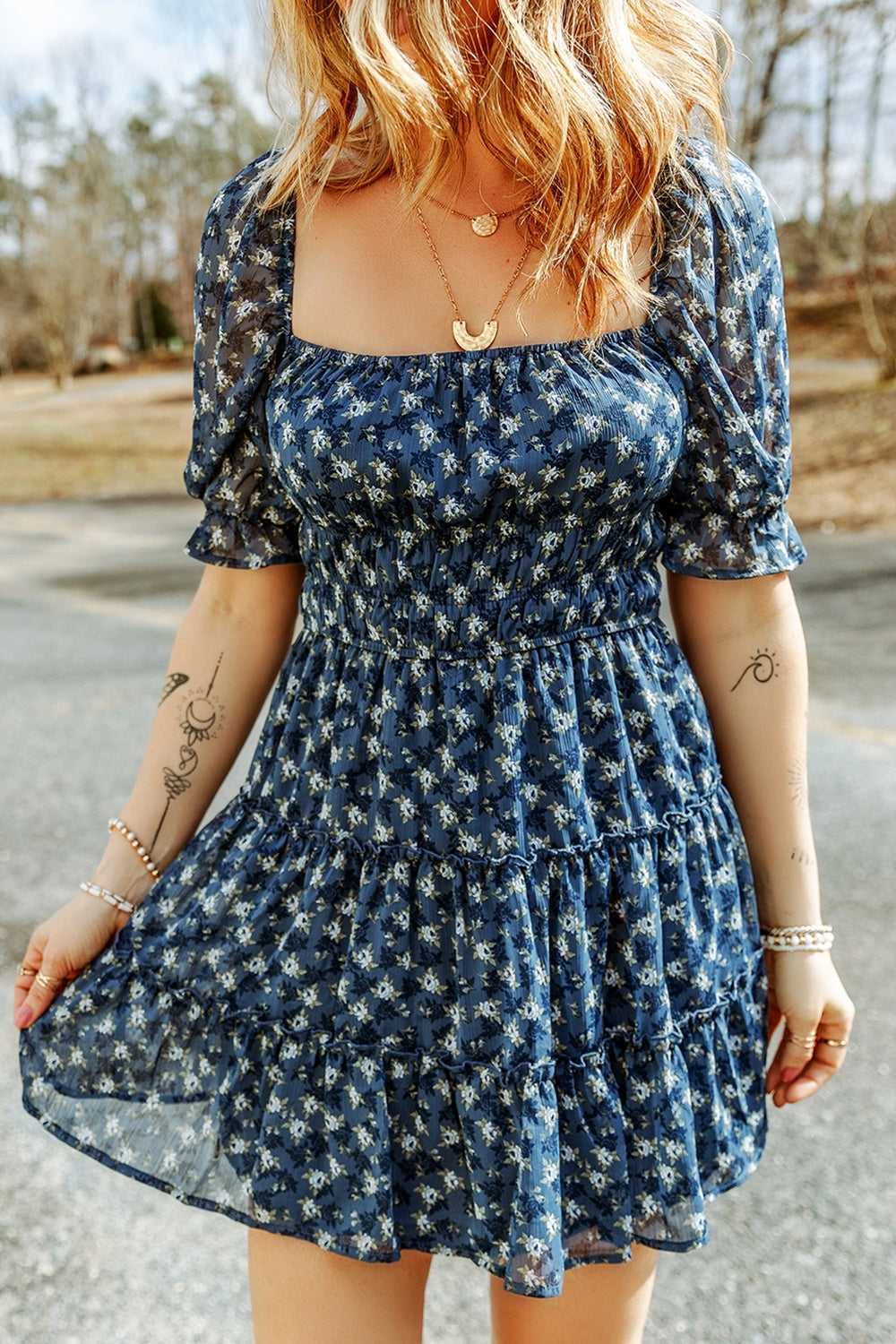 Printed Square Neck Short Sleeve Boho Dress [Spirit and Rebel]   