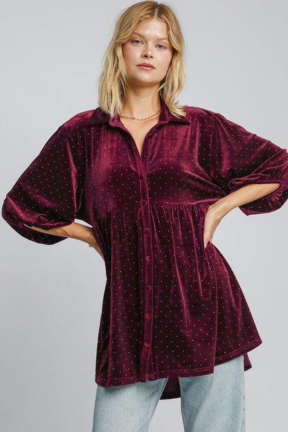 Plus Size Polka Dot Button Up Half Sleeve Shirt [Spirit and Rebel] Burgundy S