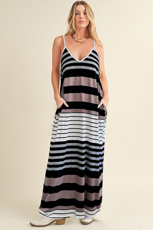 Pocketed Striped V-Neck Sleeveless Boho Cami Boho Dress - Spirit and Rebel [Spirit and Rebel] Stripe S 