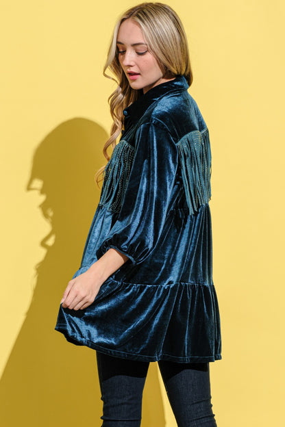 Spirit and Rebel Fringe Detailed Velvet Boho Chic Shirt Dress [Spirit and Rebel]   