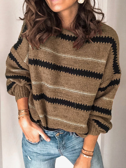 Contrast Striped Round Neck Long Sleeve Sweater [Spirit and Rebel] Taupe S