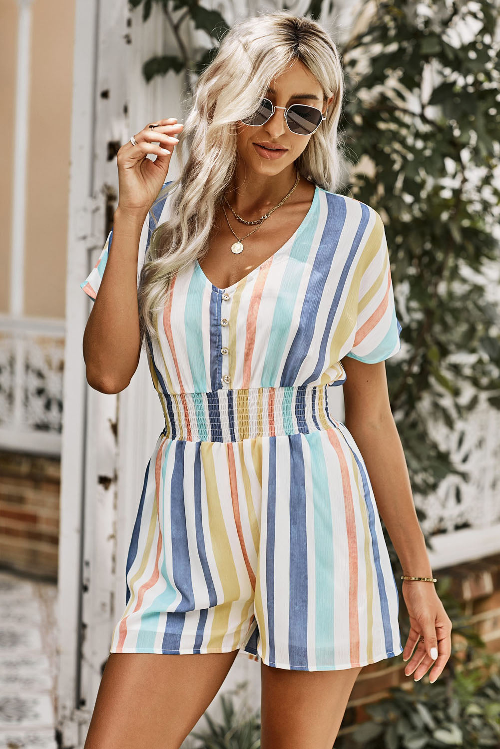 Multicolored Stripe V-Neck Smocked Waist Romper Playsuit [Spirit and Rebel]