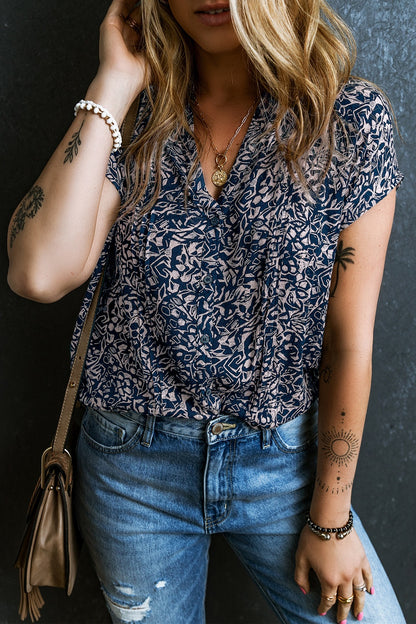 Printed Notched Short Sleeve Boho Blouse [Spirit and Rebel]   