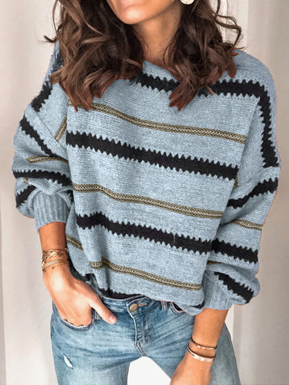 Contrast Striped Round Neck Long Sleeve Sweater [Spirit and Rebel] Light Blue S