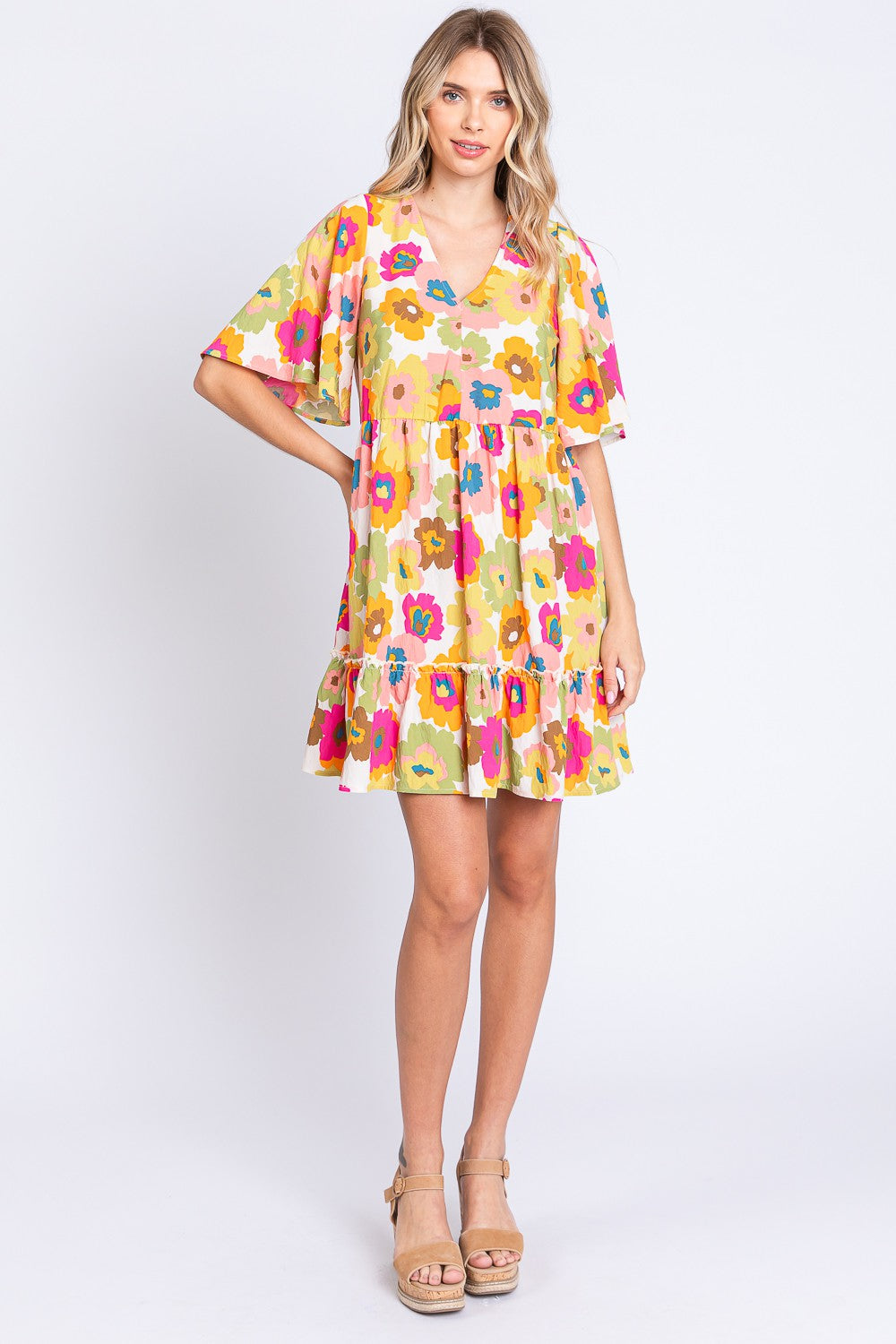 GeeGee Floral V-Neck Ruffle Hem Mini Dress [Spirit and Rebel]   