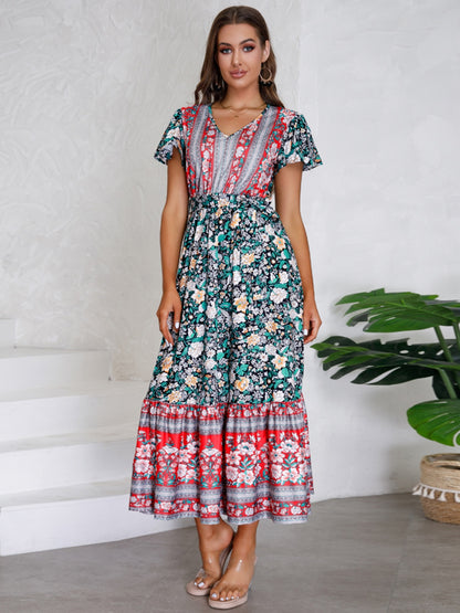 Tied Printed V-Neck Short Sleeve Boho Wedding Guest Dress [Spirit and Rebel]   