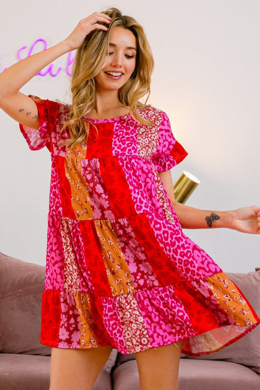 Leopard Short Sleeve Tiered Boho Dress - Spirit and Rebel [Spirit and Rebel] Red/Fuchsia S 