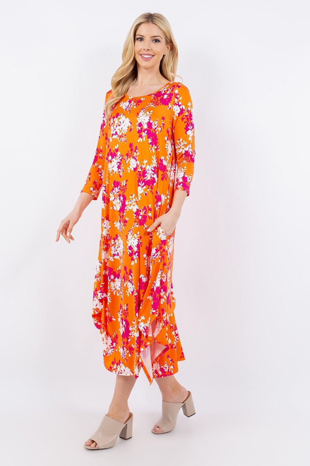 Plus Size Pick-Up Hem Asymmetric Floral Midi Dress - Spirit and Rebel [Spirit and Rebel]   