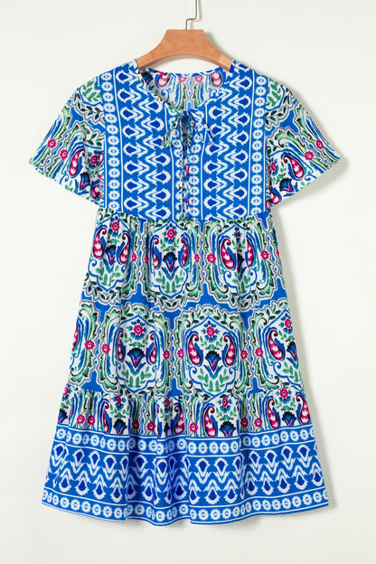 Boho Chic  Printed Tie Neck Short Sleeve Dress [Spirit and Rebel] Peacock  Blue XL 