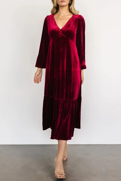 V-Neck Long Sleeve Midi Velvet Dress [Spirit and Rebel]