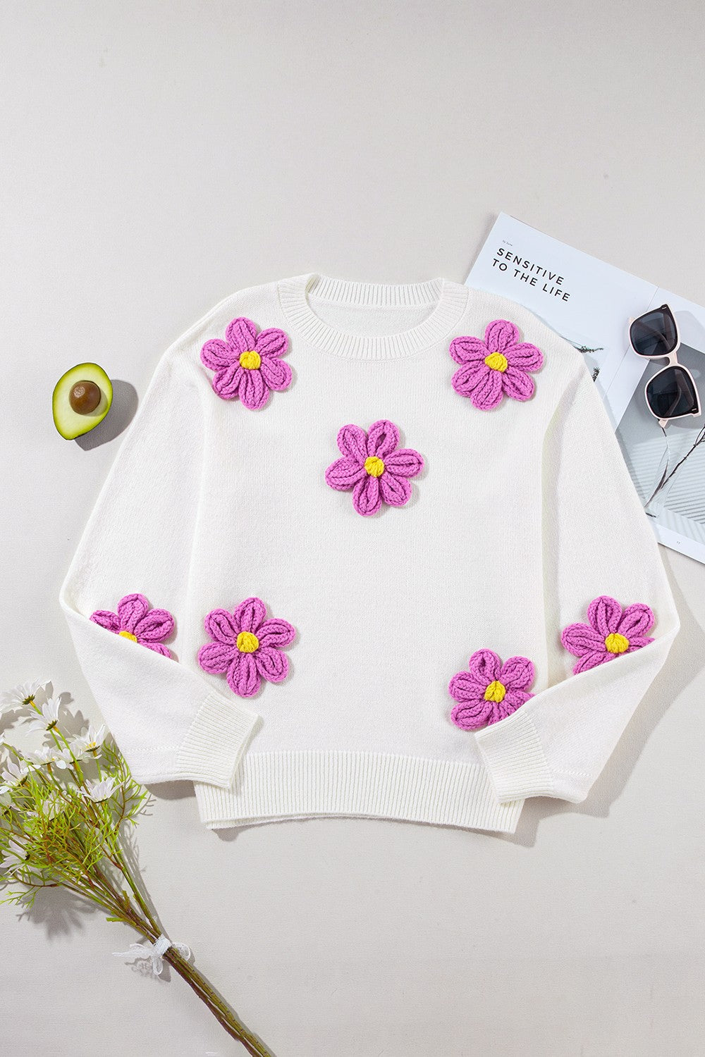 Crochet Flower Round Neck Long Sleeve Boho Sweater - Spirit and Rebel [Spirit and Rebel]   