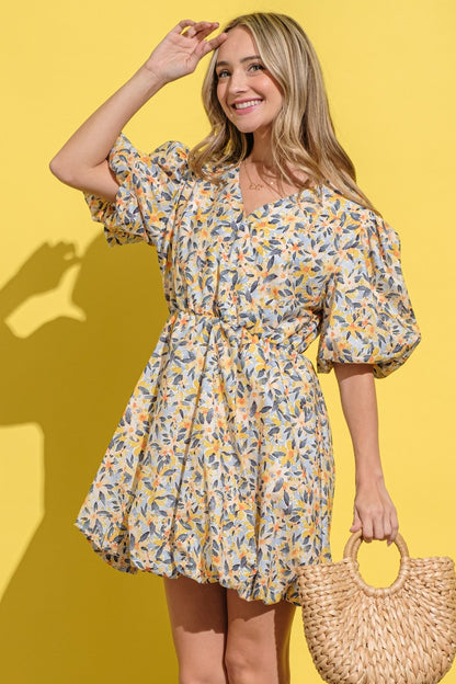 Plus Size Floral Surplice Puff Sleeve Dress - Spirit and Rebel [Spirit and Rebel]   