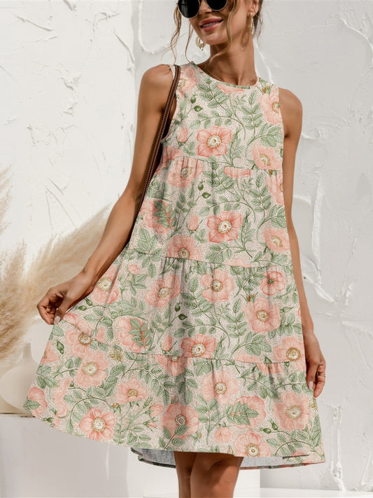 Tiered Printed Round Neck Sleeveless Boho Dress [Spirit and Rebel] Peach S 