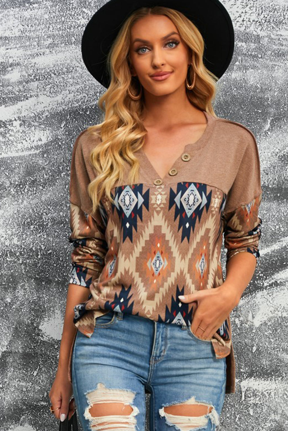 Brown Western Print Buttoned V Neck Top [Spirit and Rebel]   