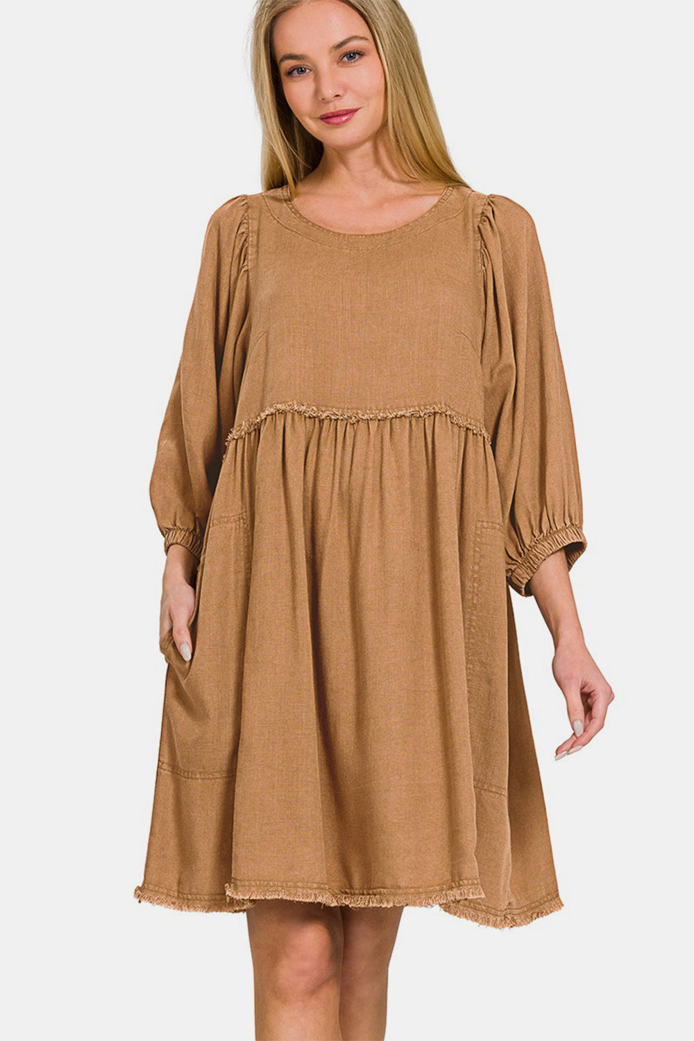 Washed Linen Pleated Puff Sleeve Babydoll Dress - Spirit and Rebel [Spirit and Rebel] Deep Camel S 