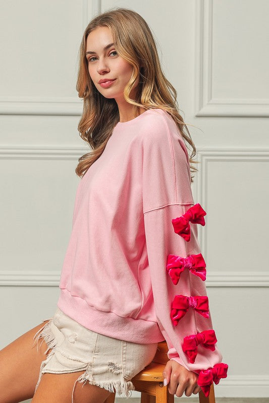 Velvet Ribbon Bows Long Sleeve Round Neck Sweatshirt [Spirit and Rebel]