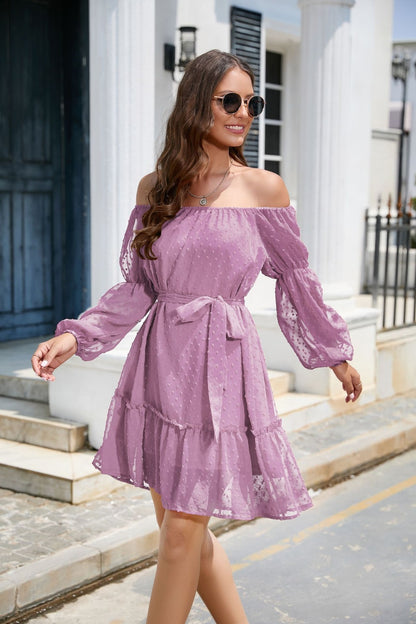 Swiss Dot Off-Shoulder Balloon Sleeve Boho Dress [Spirit and Rebel]   