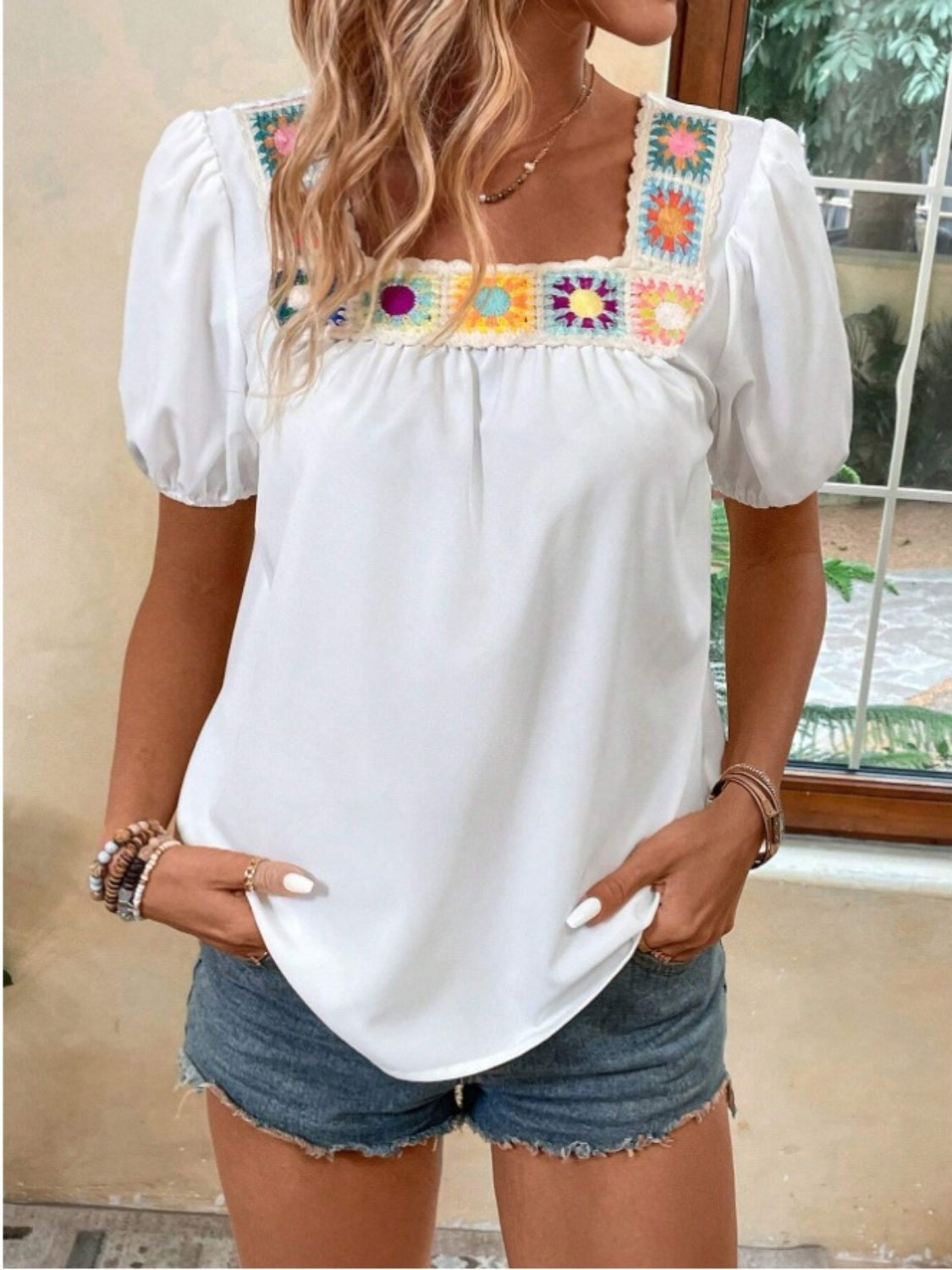 Crochet Square Neck Short Sleeve Boho Blouse - Spirit and Rebel [Spirit and Rebel]   