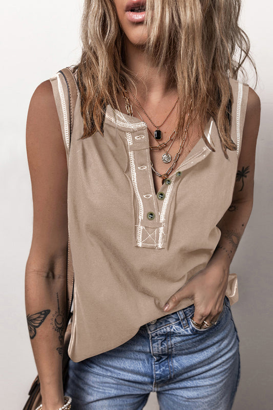 Contrast Stitching Round Neck Boho Tank Top - Spirit and Rebel [Spirit and Rebel] Tan S 