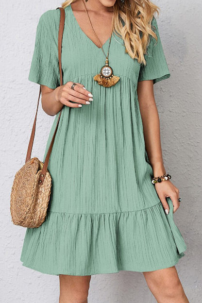 Boho Chic  Plus Size Ruched V-Neck Short Sleeve Dress [Spirit and Rebel] Turquoise S 