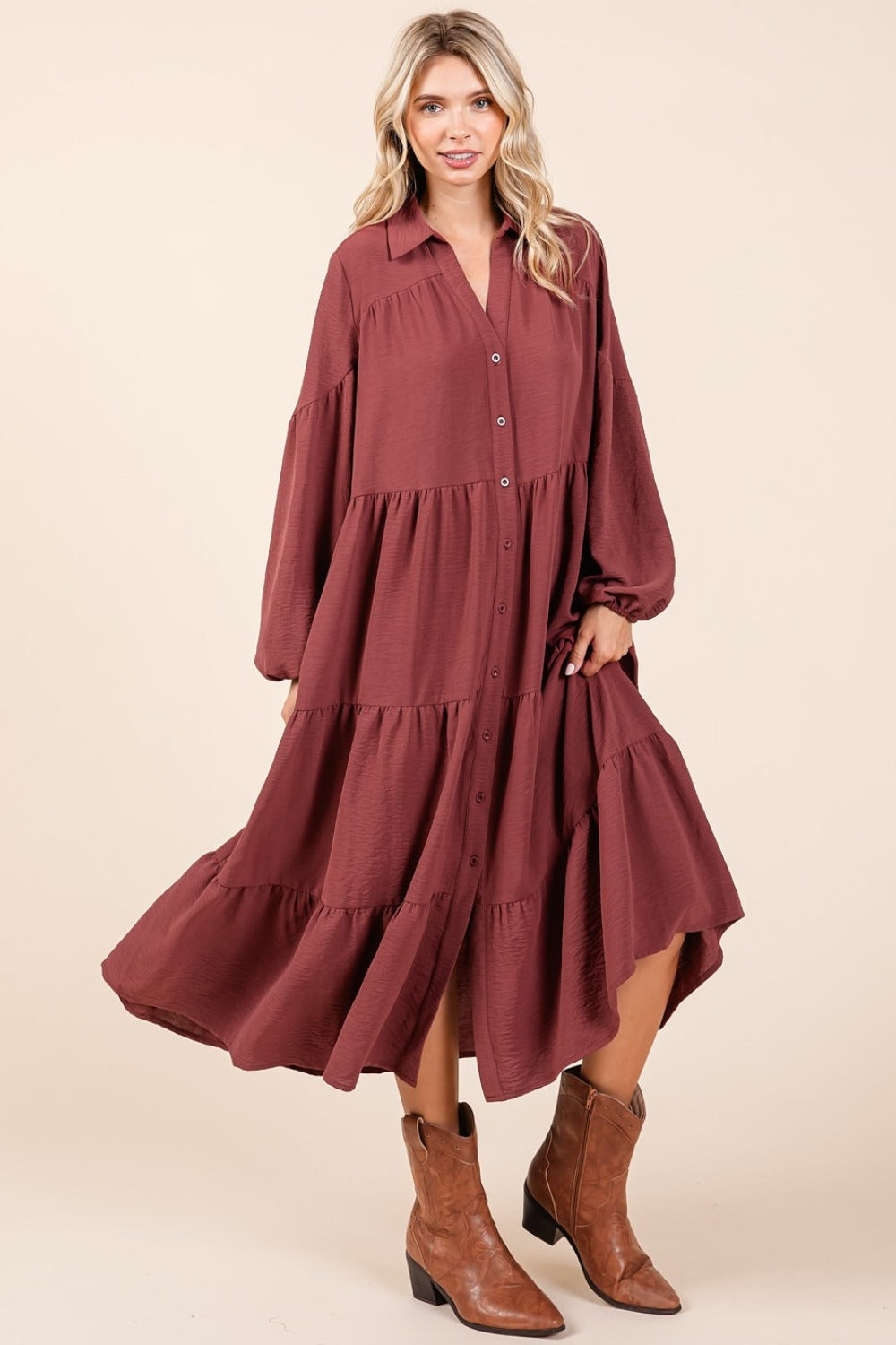 Spirit and Rebel Mittoshop Tiered Button Down Long Sleeve Midi Dress [Spirit and Rebel]   